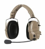 Tan tactical headset with black ear cushions and attached microphone
