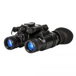 Black night vision goggles with blue lenses isolated on white background