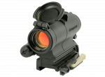 Black Aimpoint red dot sight with lens cover flipped open and mount attached