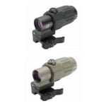 Two compact night vision scopes mounted on black bases one in black and one in tan color.