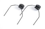 Two black visor clips with wire arms on a white background