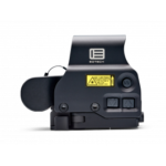 EOTech holographic weapon sight with control buttons and a warning label.