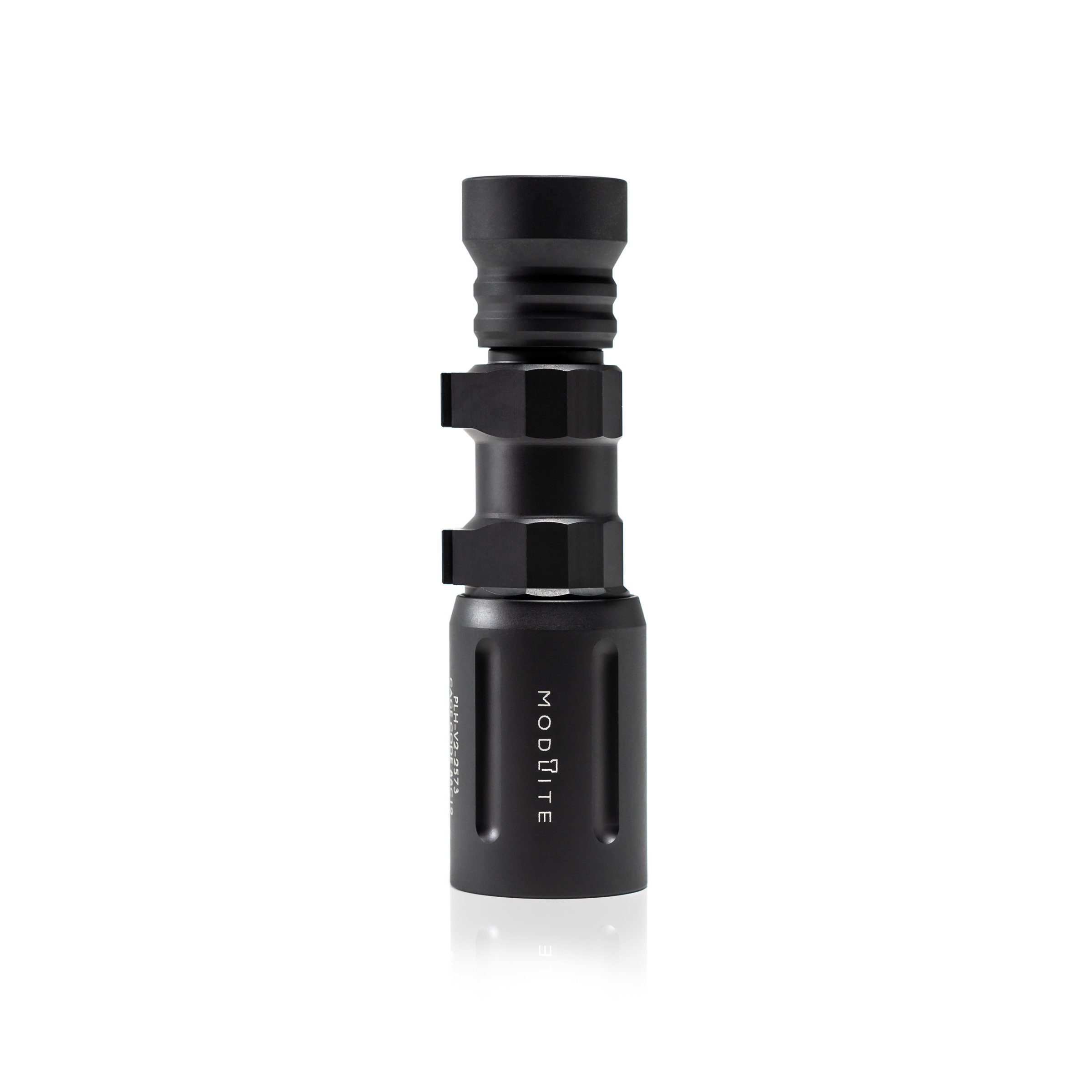 Modlite black tactical flashlight head on white background