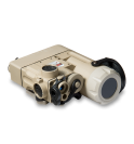 Compact tan night vision monocular device with control buttons and lens