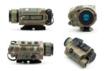 Four views of a camouflaged night vision device on a white background