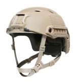 Tan tactical helmet with mounting brackets and adjustable straps