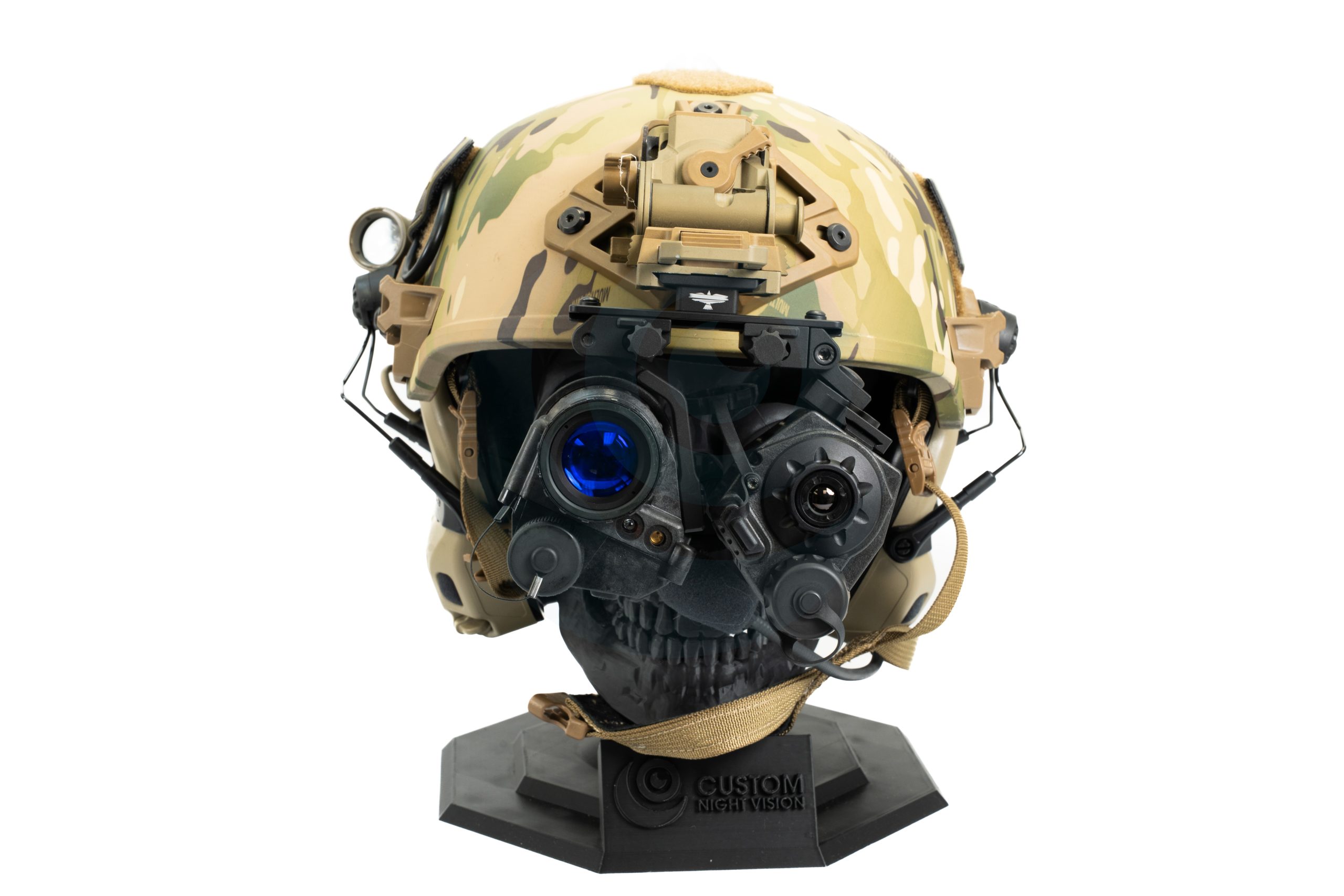 Tactical helmet with night vision goggles mounted on a mannequin head.