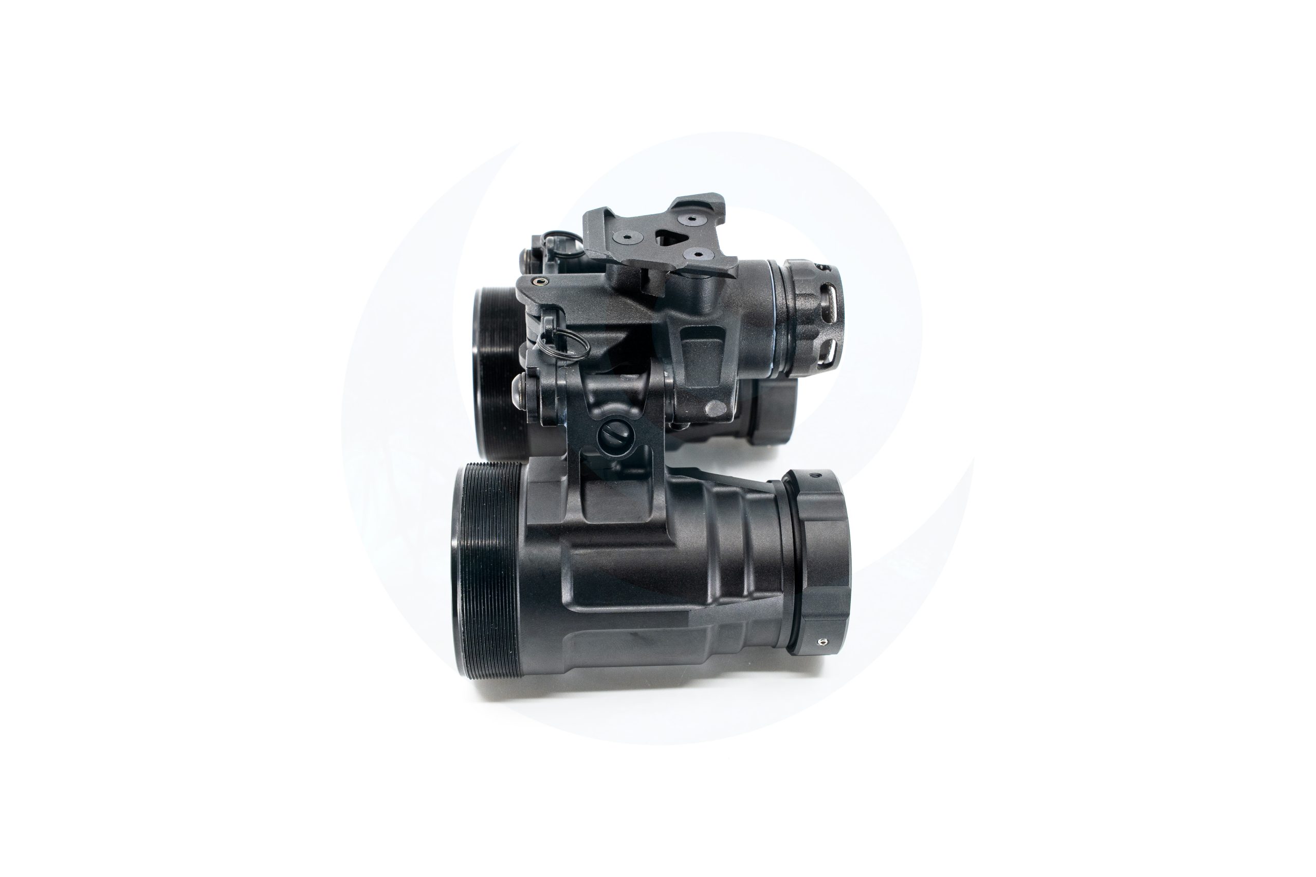 Black night vision goggles on a white background.