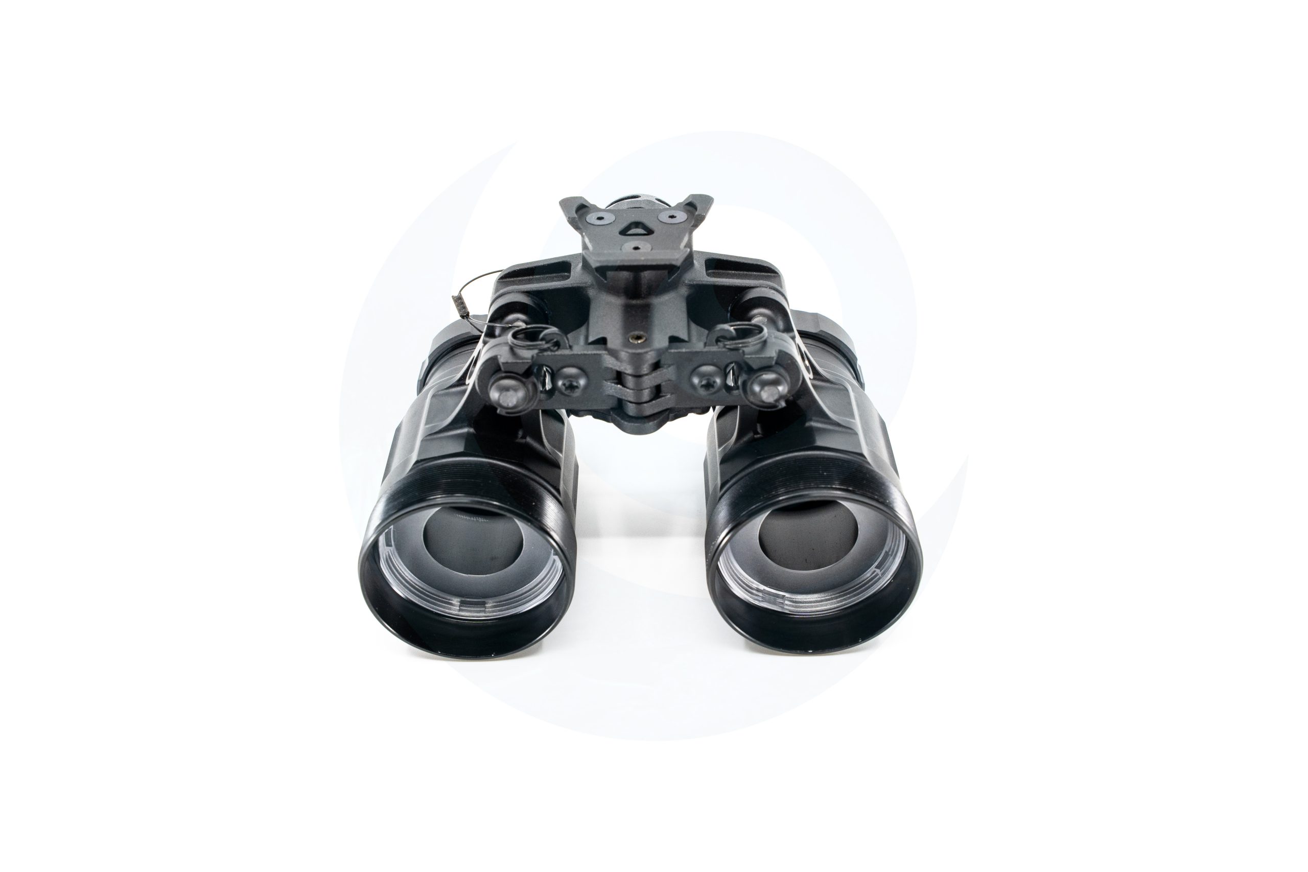 Front view of a black dual-tube night vision device on a white background.