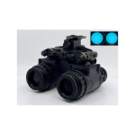 Black night vision binocular device on white background with inset blue lens view images
