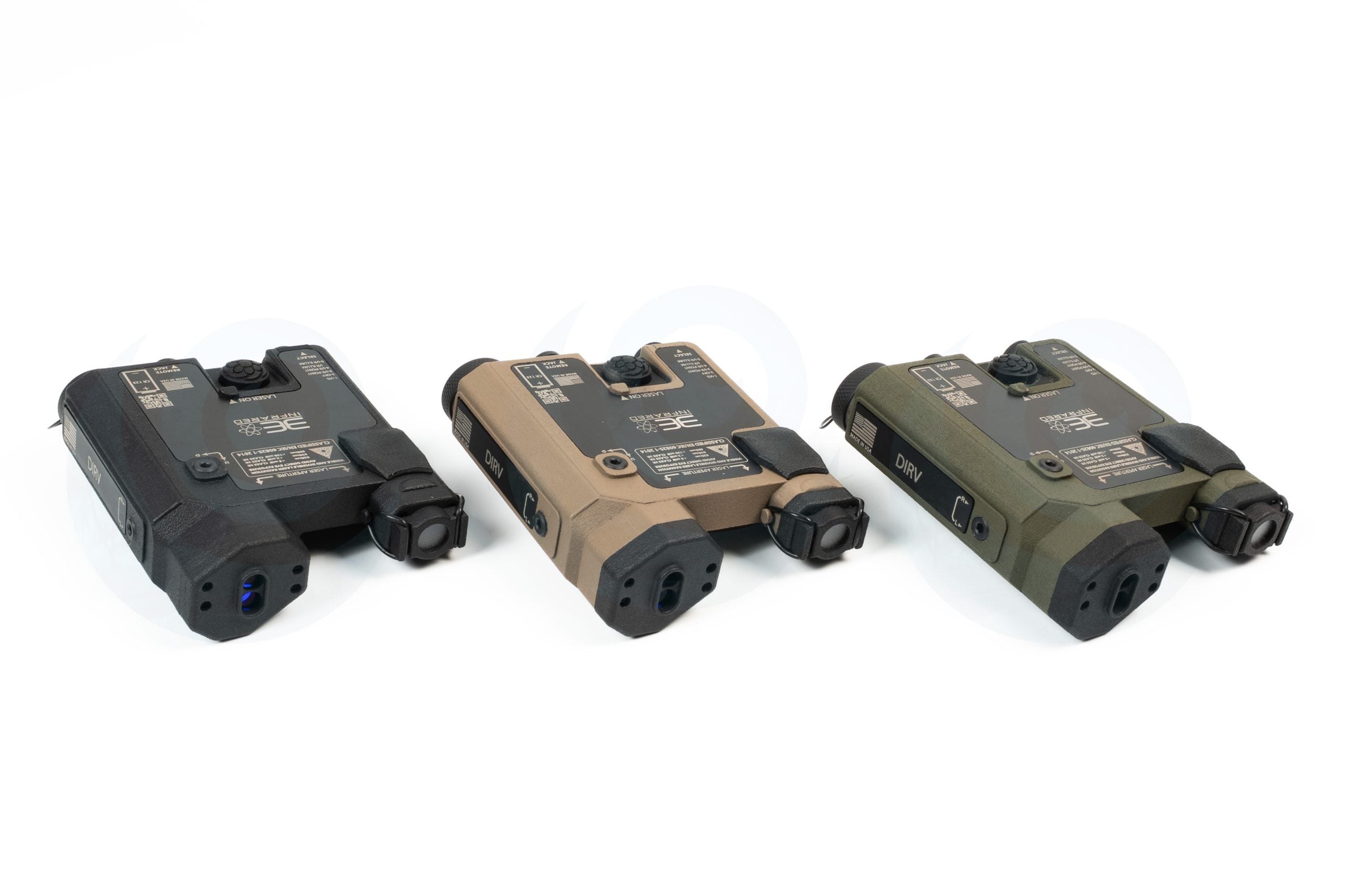 Three DIRV night vision devices in black tan and green colors on a white background.