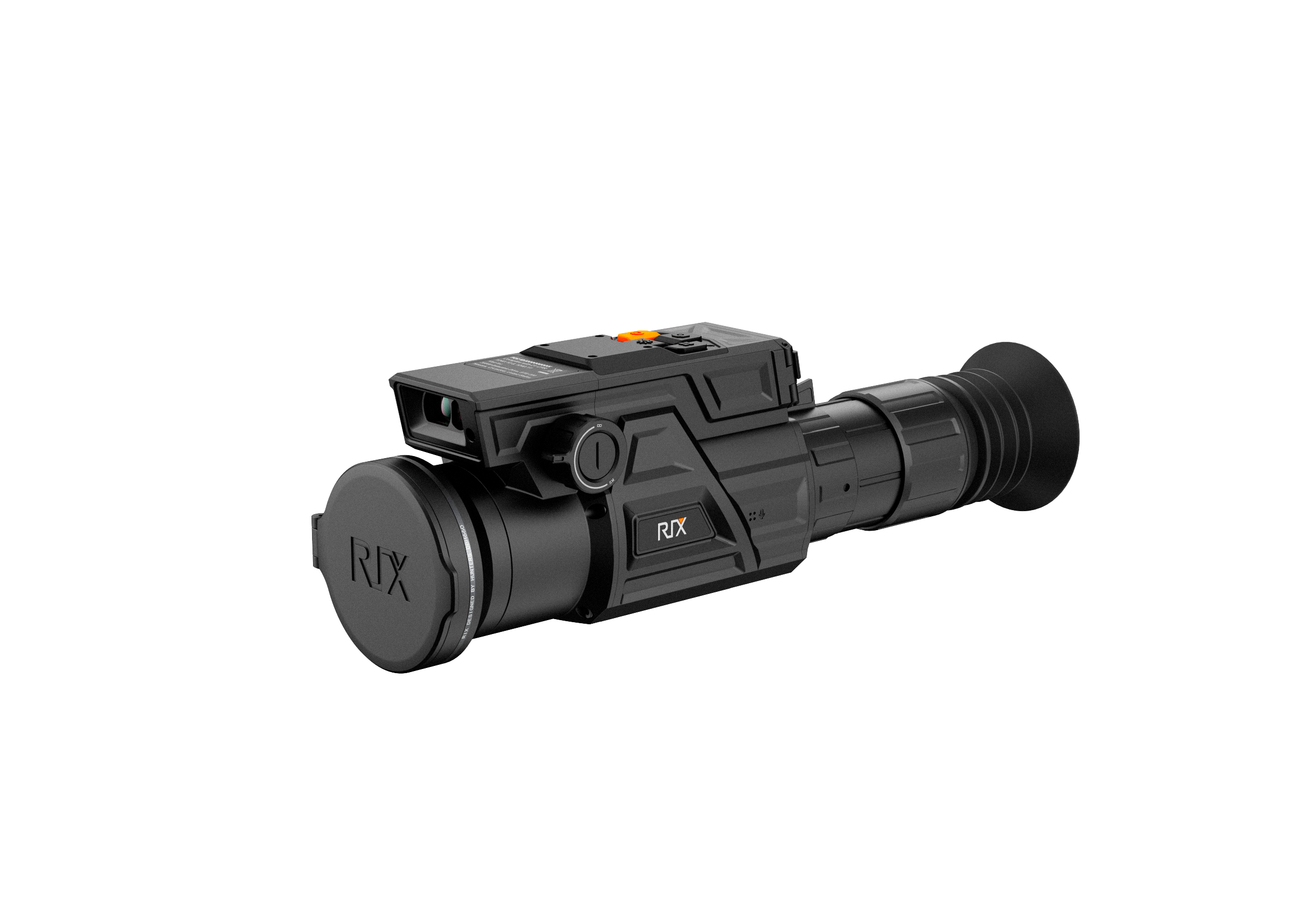 Black RTX branded night vision scope with lens cover on a white background