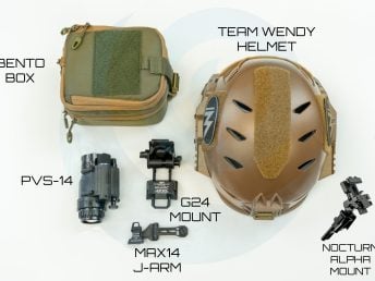 Labeled layout of night vision gear including helmet pouch PVS-14 mounts and J-arm.