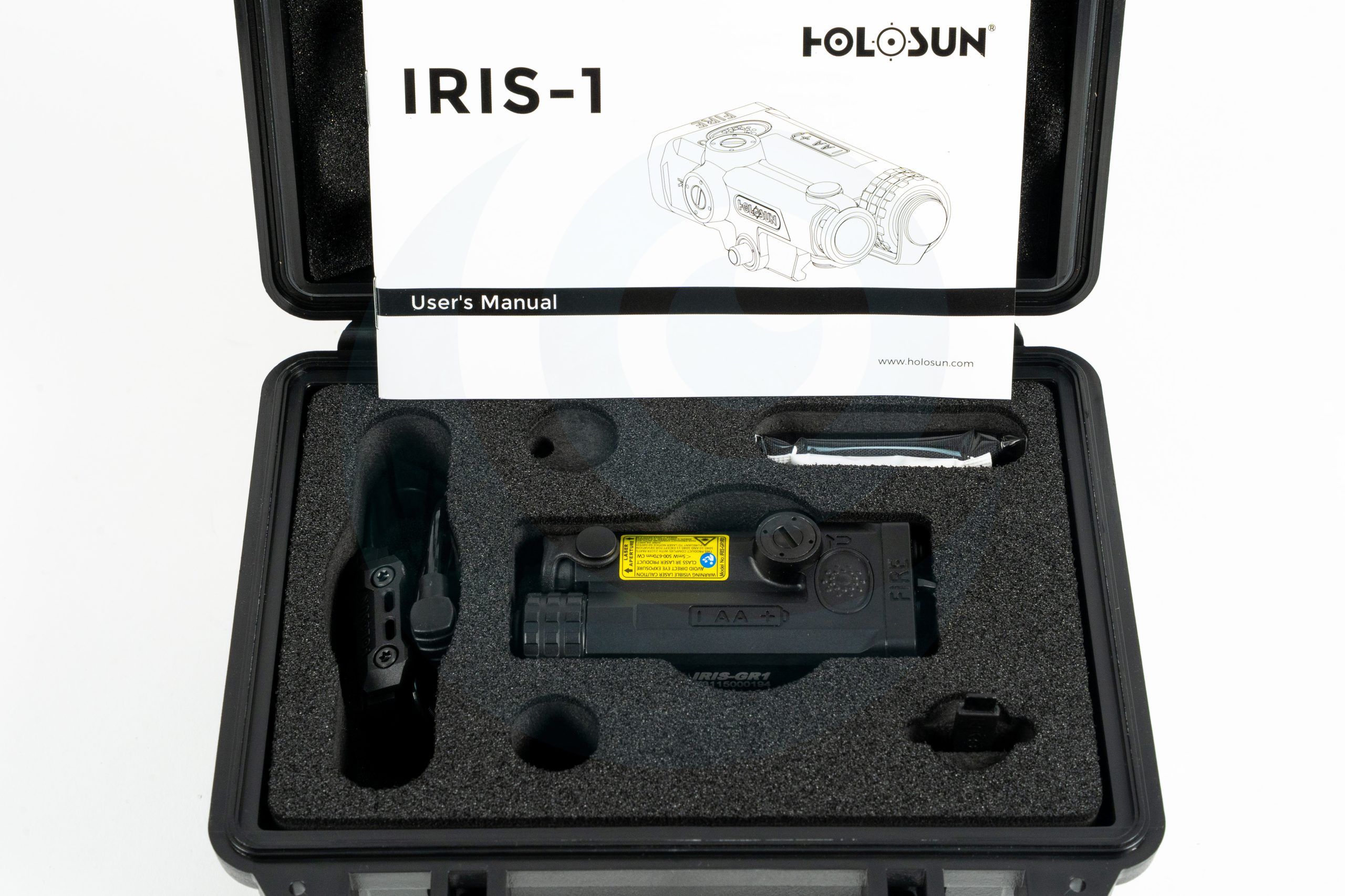 Holosun IRIS-1 night vision device in a foam case with user manual.