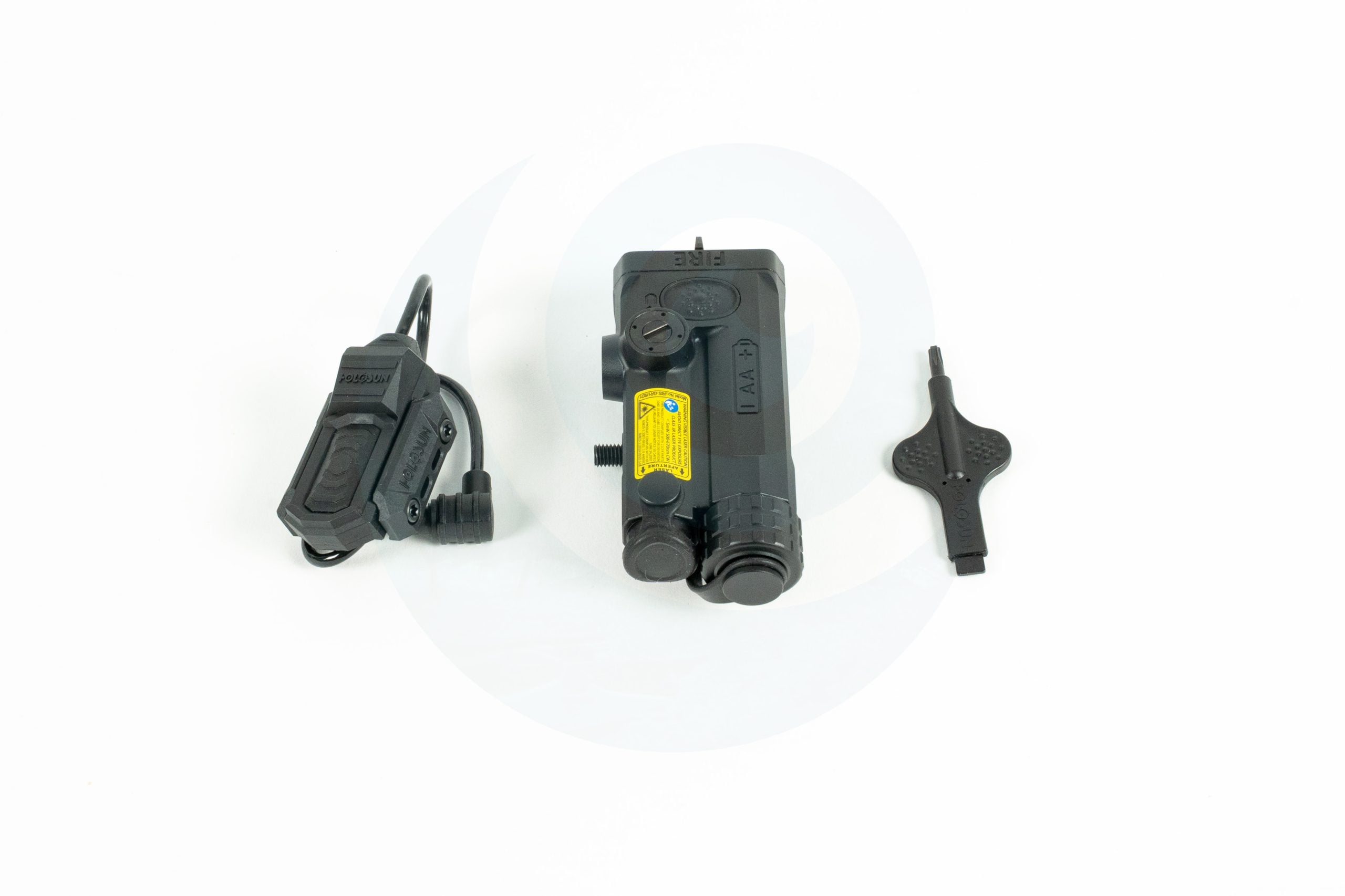 Night vision device kit with main unit remote switch and tool on white background.
