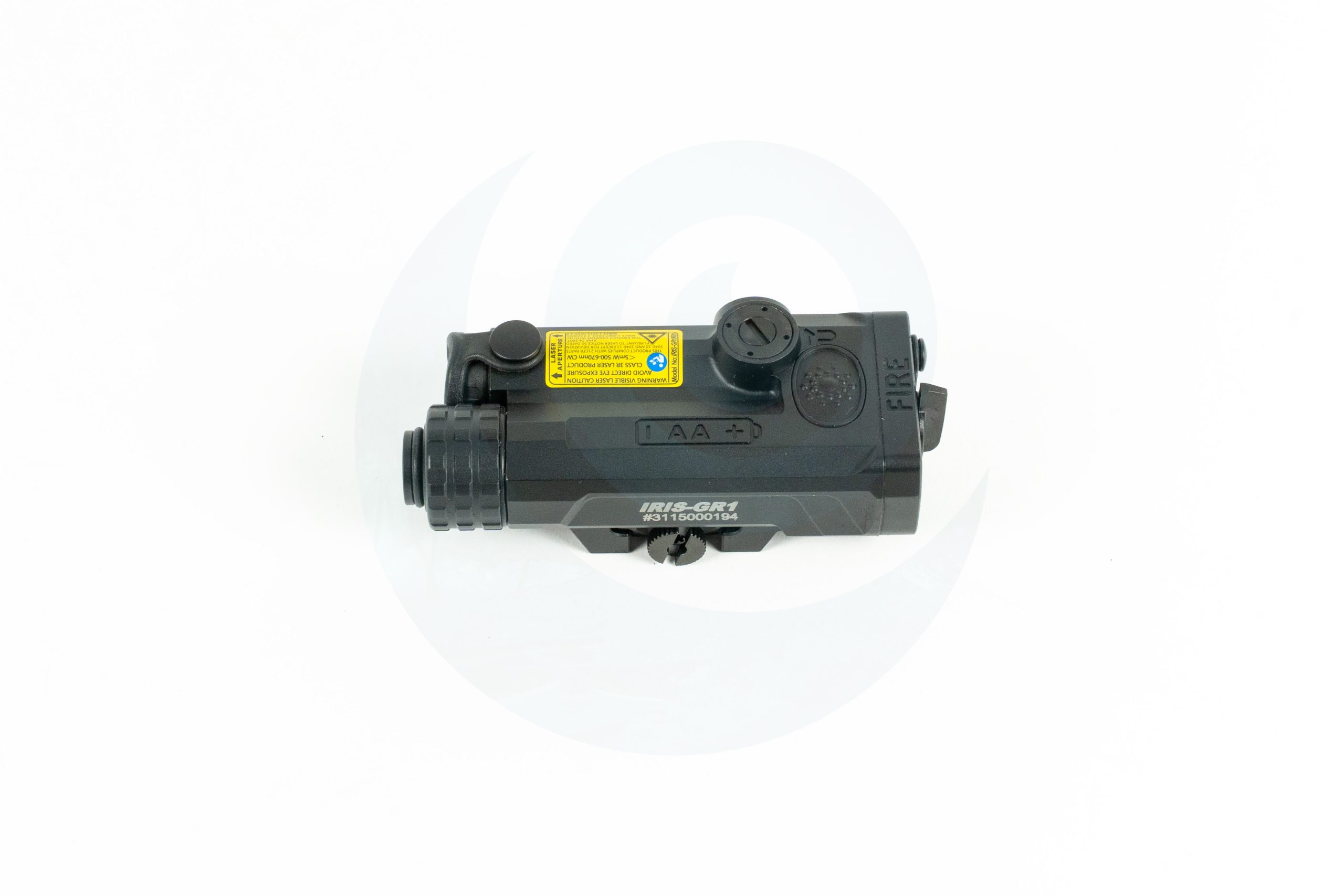 Black night vision device with yellow warning label on a white background.
