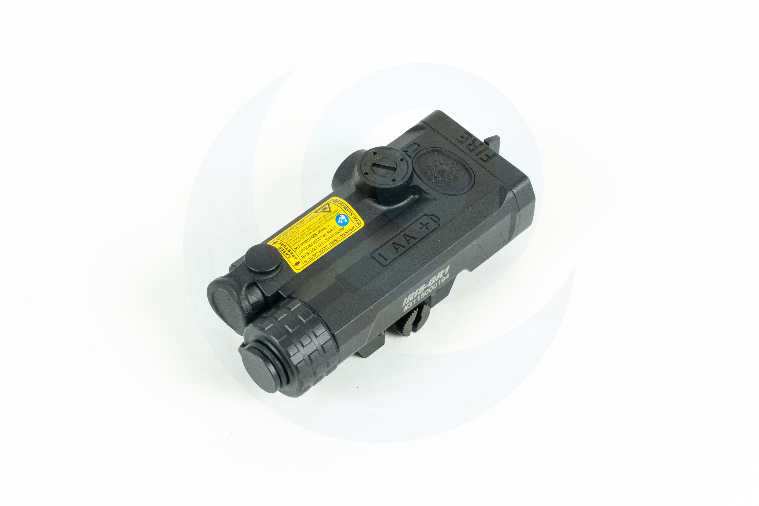 Compact night vision device with control knobs and warning label on a white background.