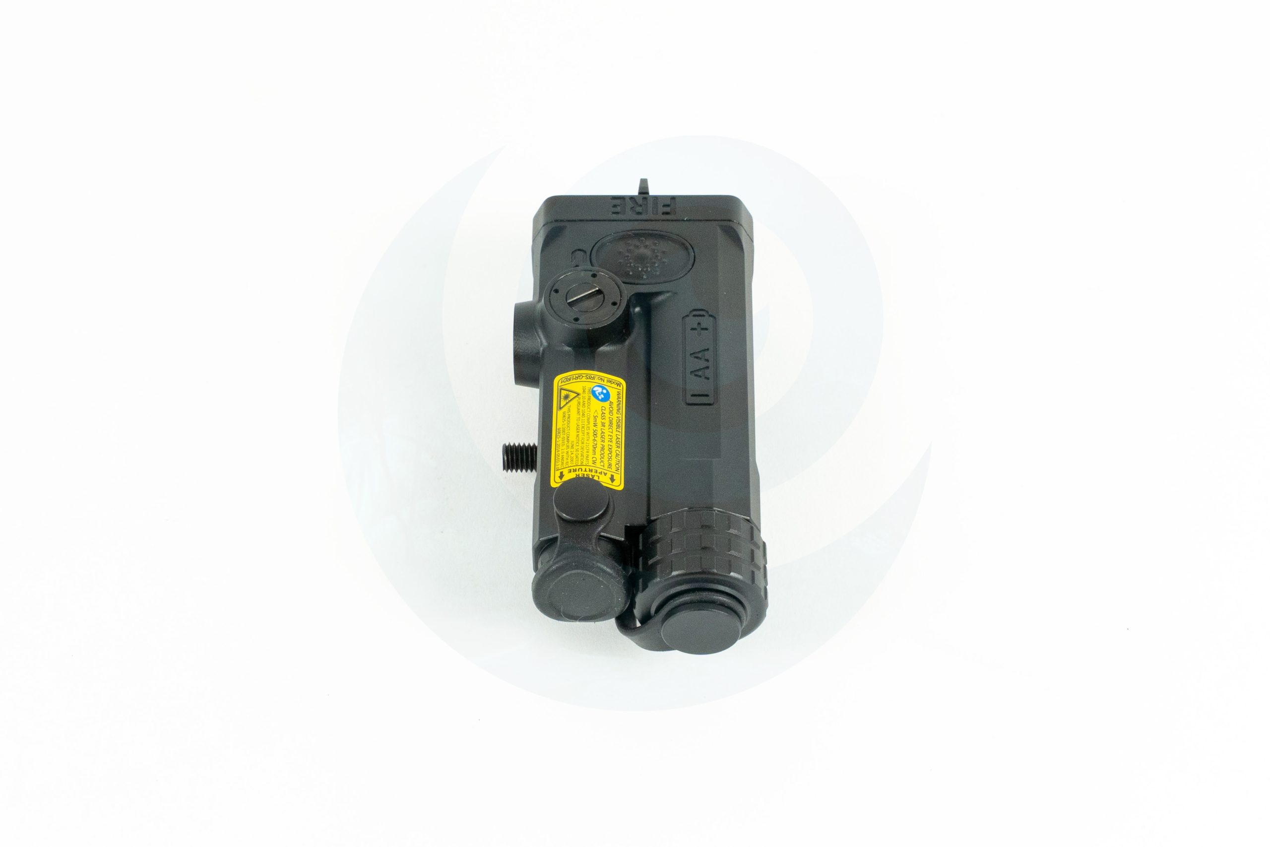Night vision device with control knobs and a yellow warning label on a white background.