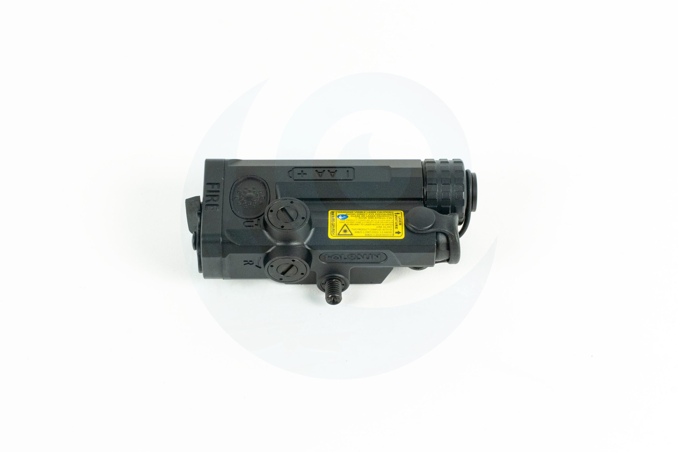 Black night vision device with labels and a yellow warning sticker on a white background.