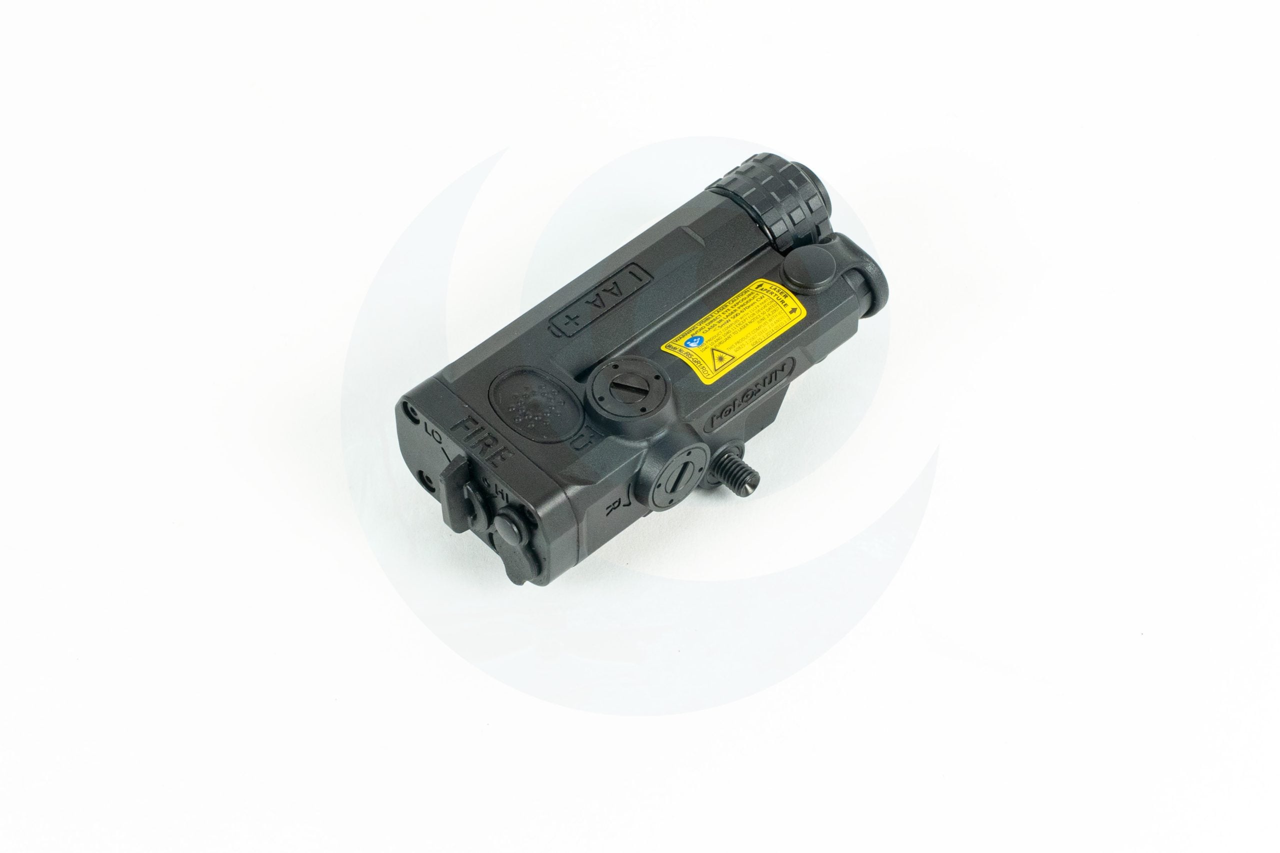 Black tactical laser and light device on a white background