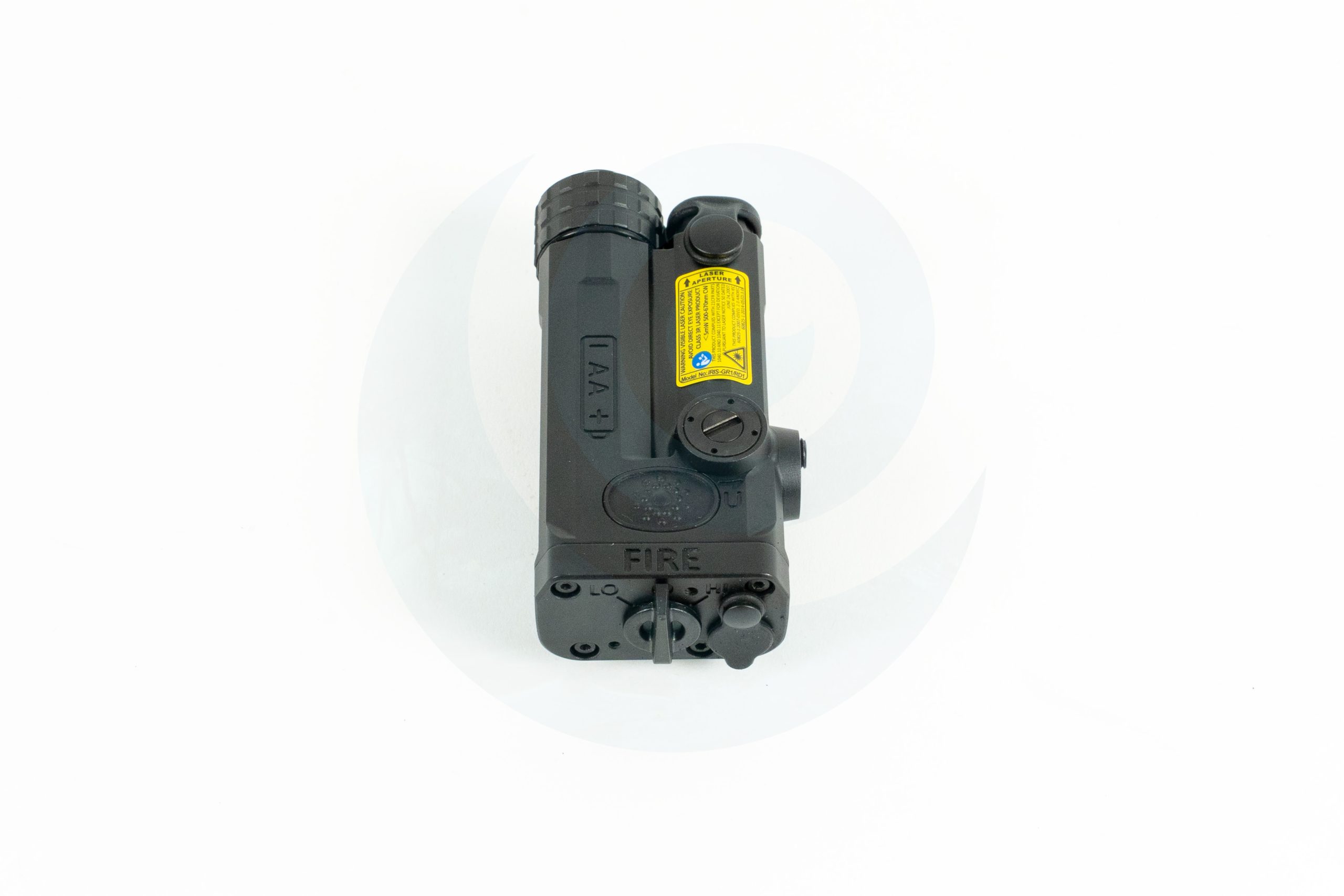 Night vision device with controls and warning label on a white background