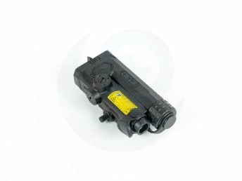 Black tactical laser device with adjustment knobs on white background.