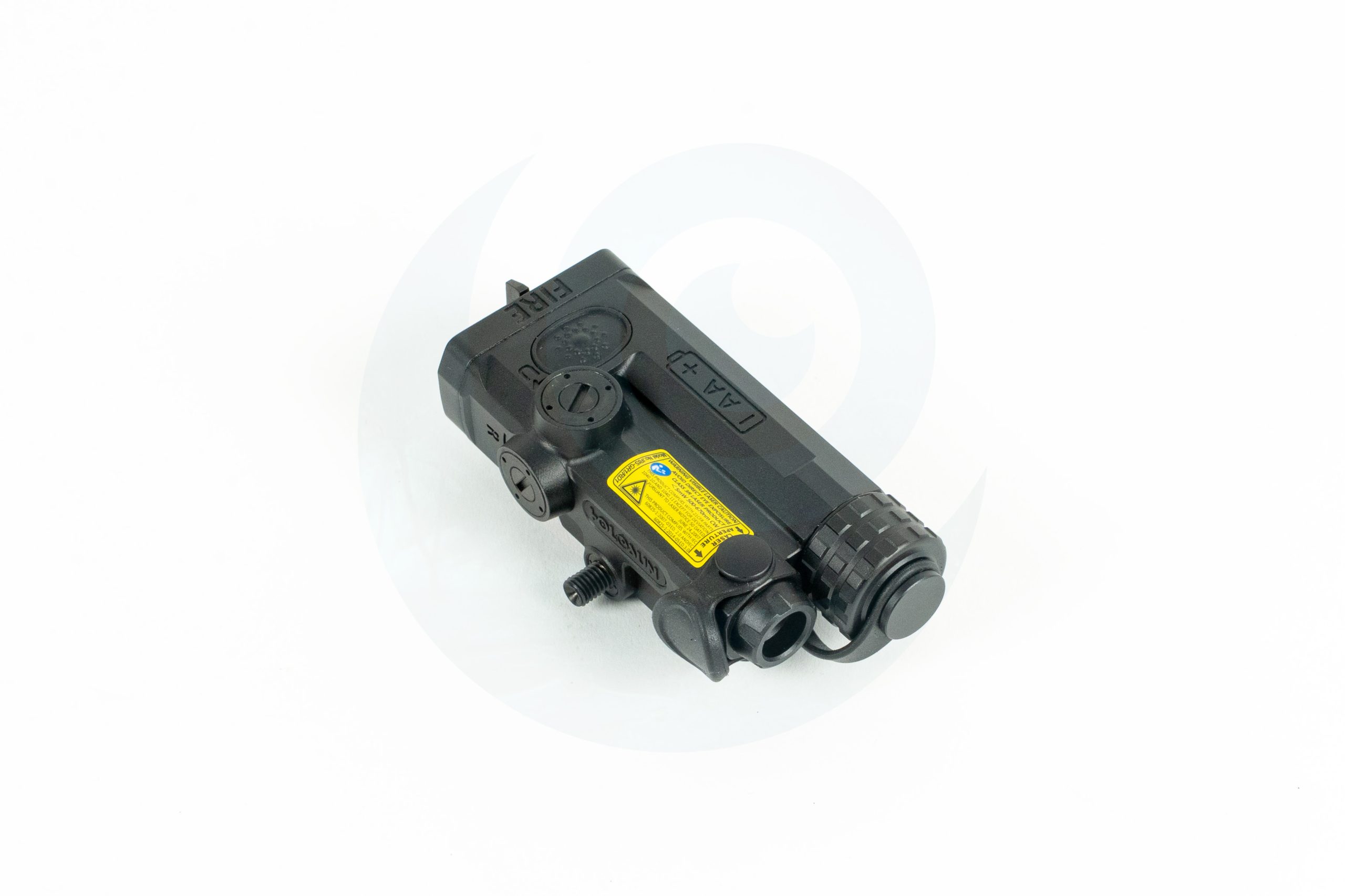 Black tactical laser device with adjustment knobs on white background.