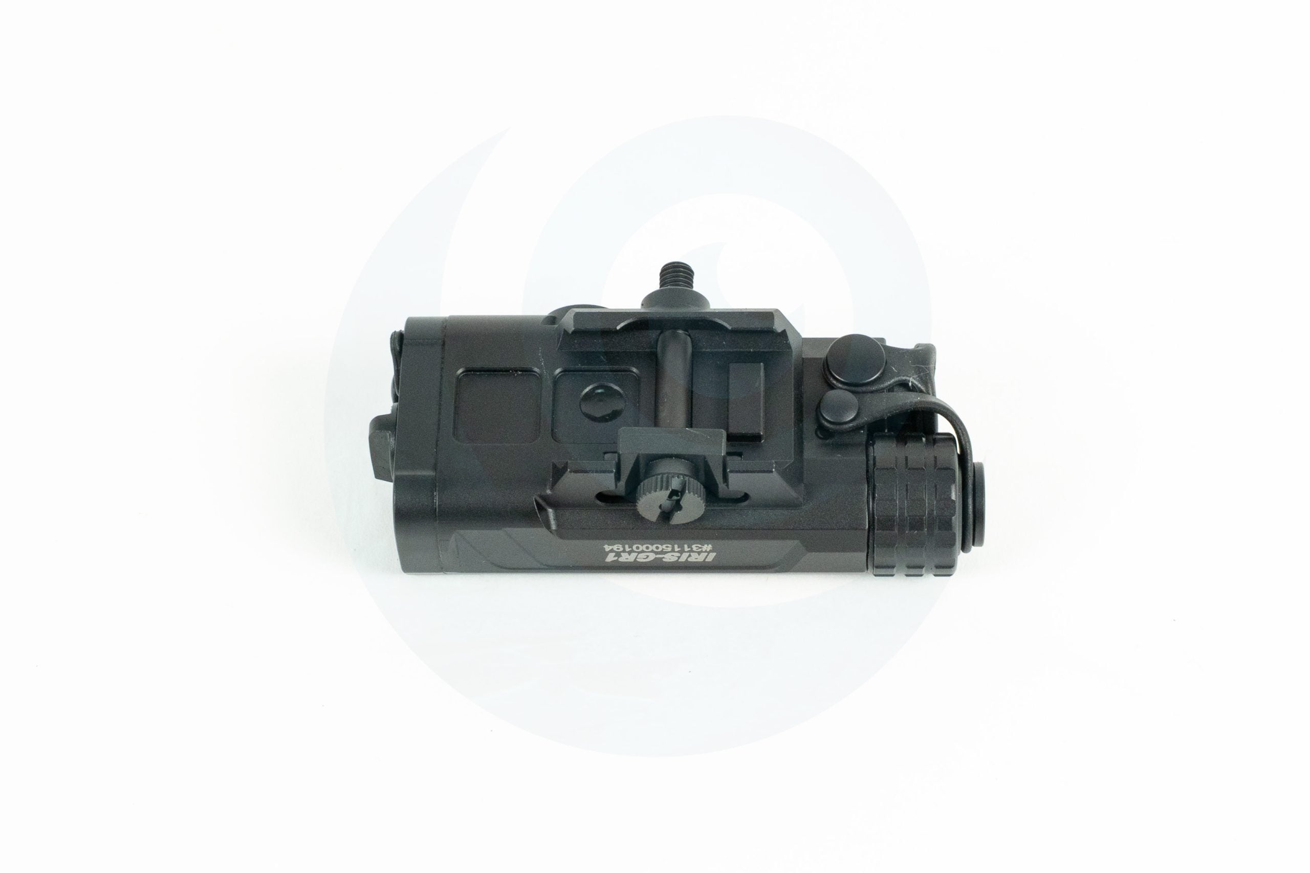 Black tactical night vision device on a white background