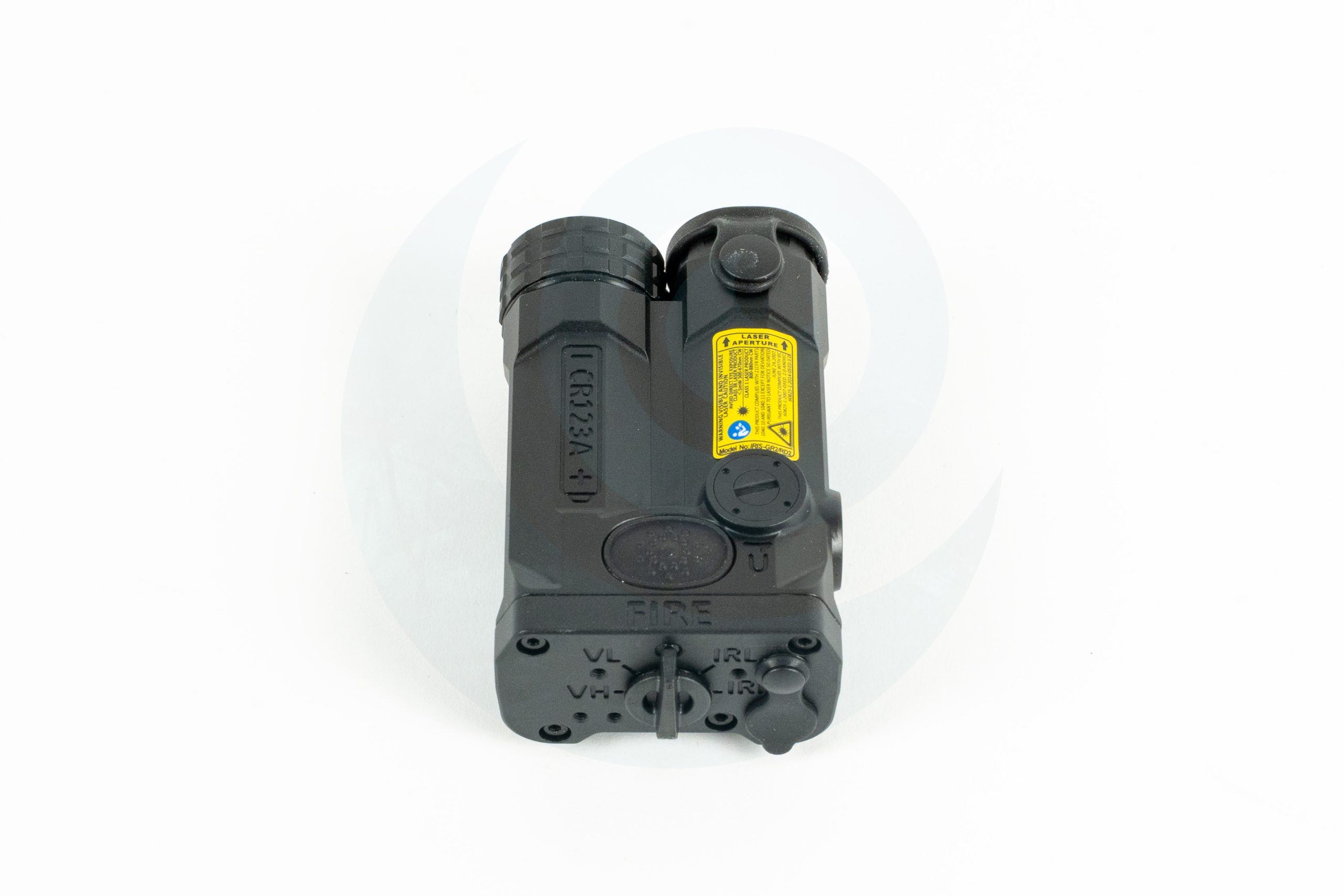 Tactical night vision laser device with control labels and warning sticker on white background.