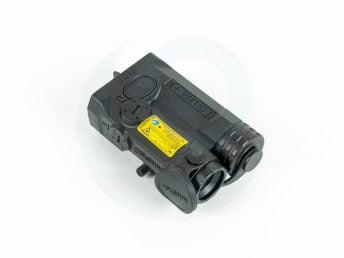 Night vision device with buttons lens cap and yellow warning label on a white background.