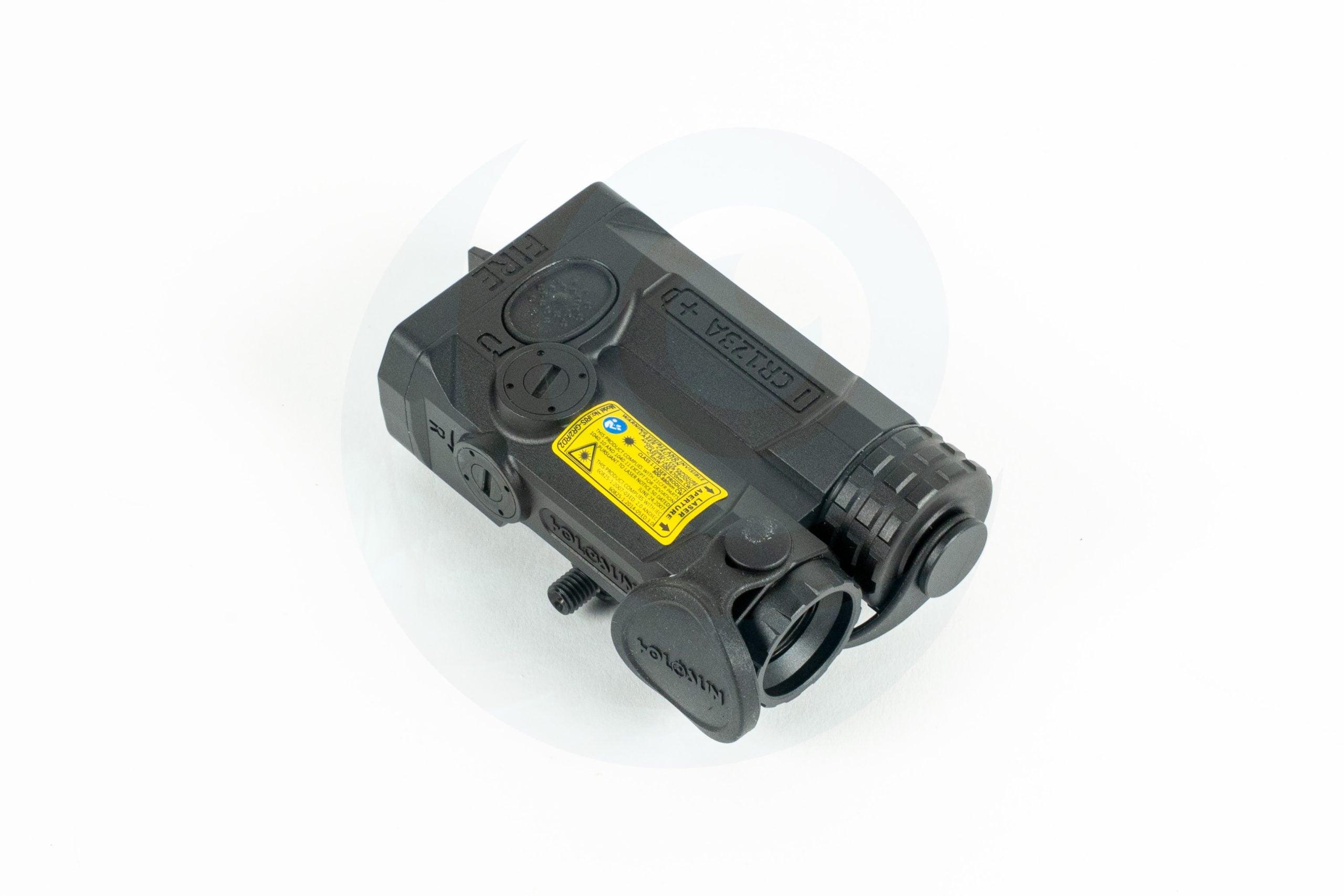 Night vision device with buttons lens cap and yellow warning label on a white background.