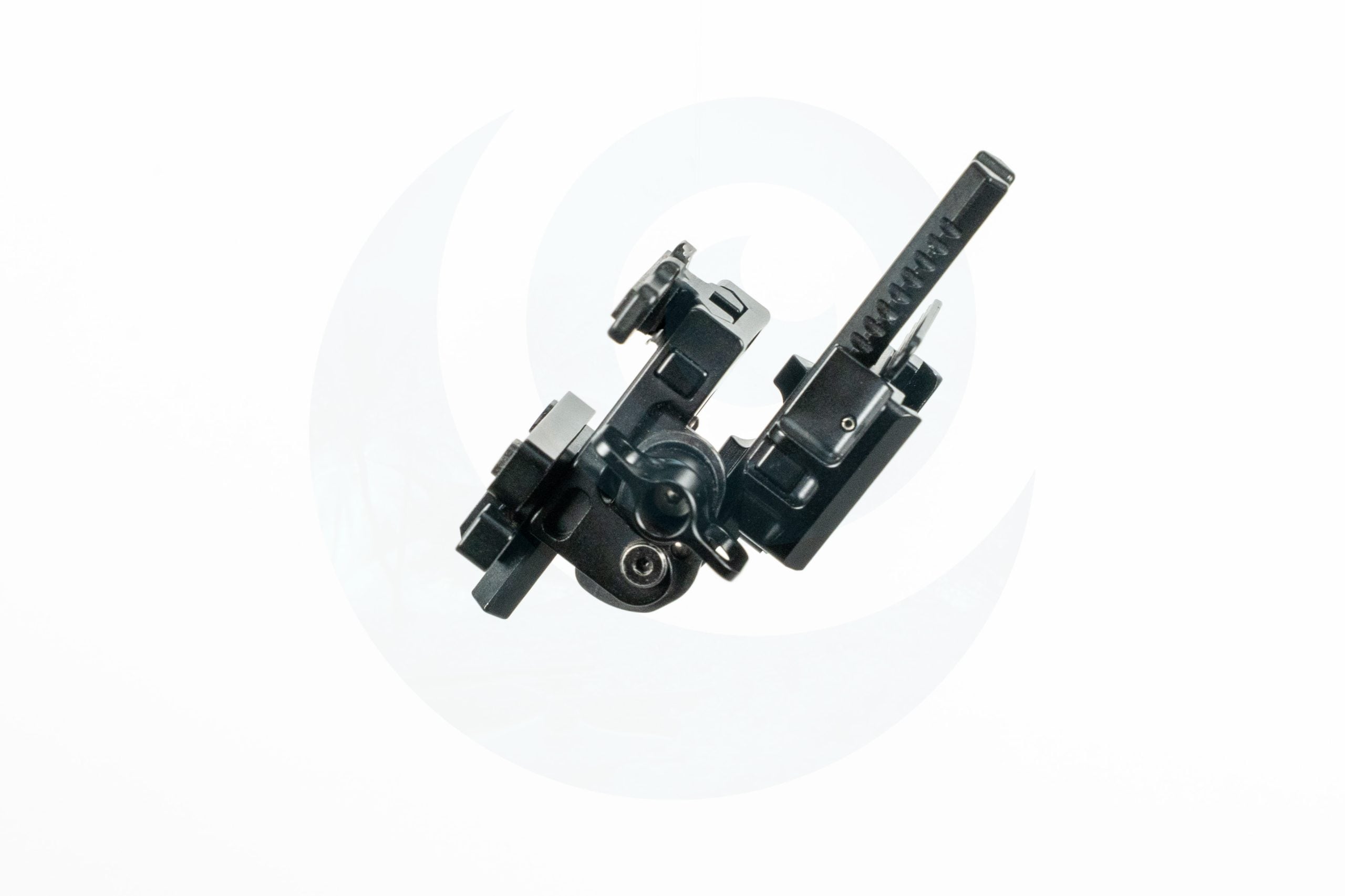 Black night vision mount on a plain white background