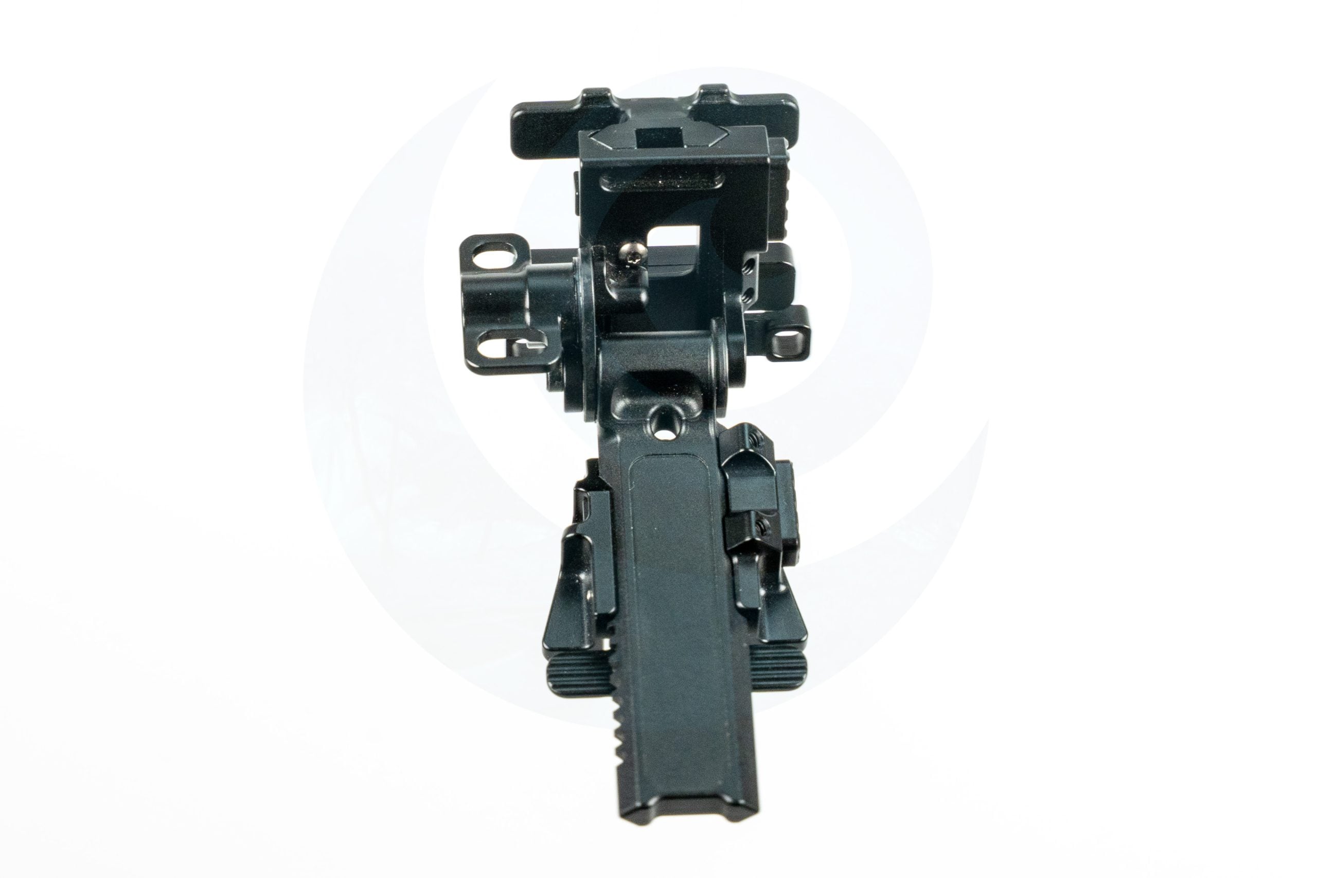 Close-up of a black night vision device mount on a white background.