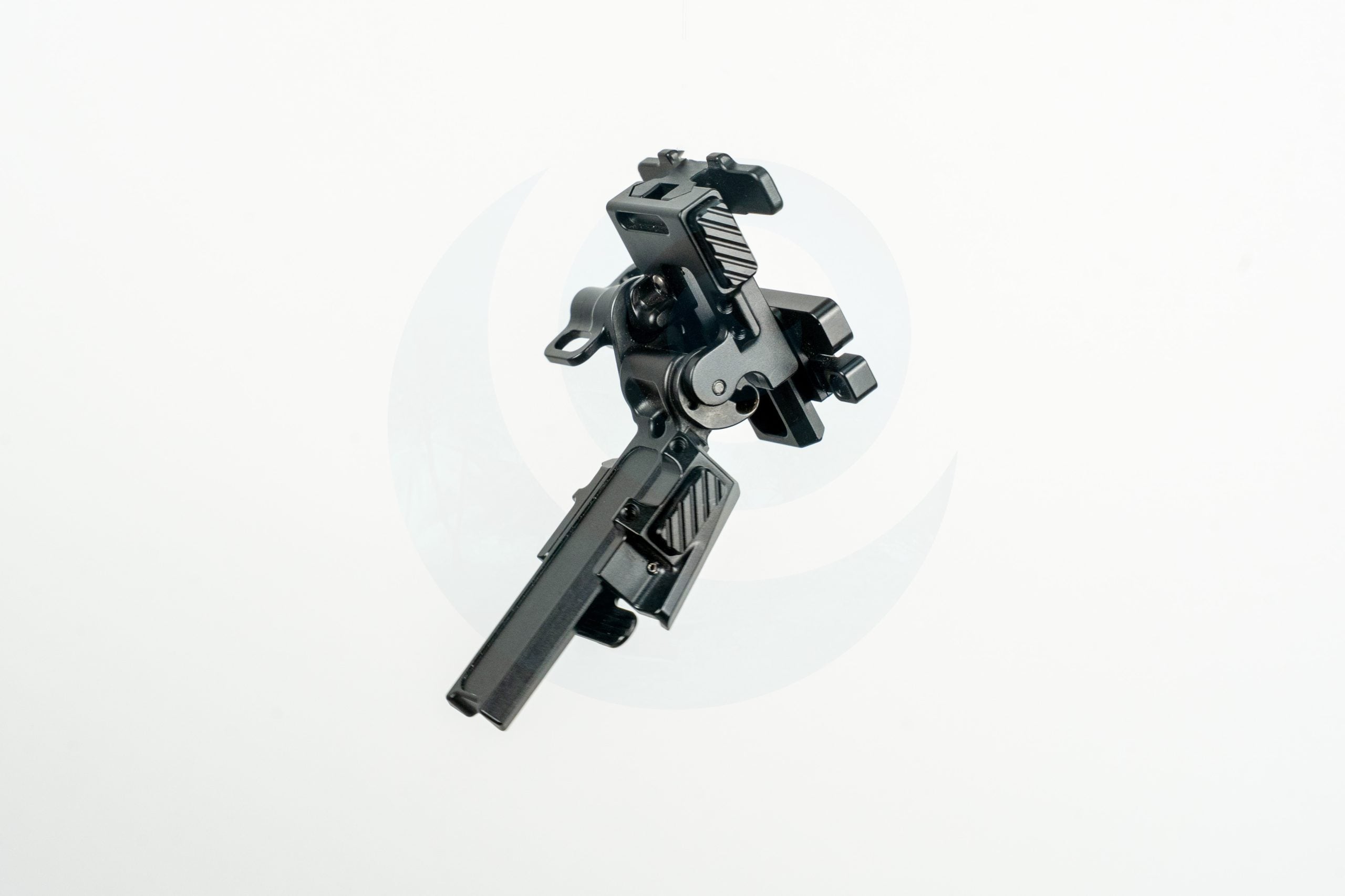 Black night vision mount on a plain white background.