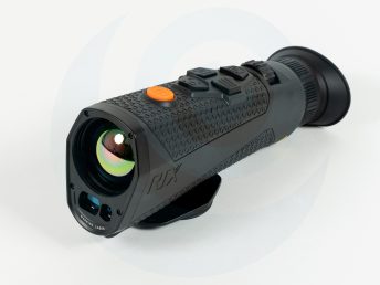 Night vision monocular with textured grip and control buttons on a white background.