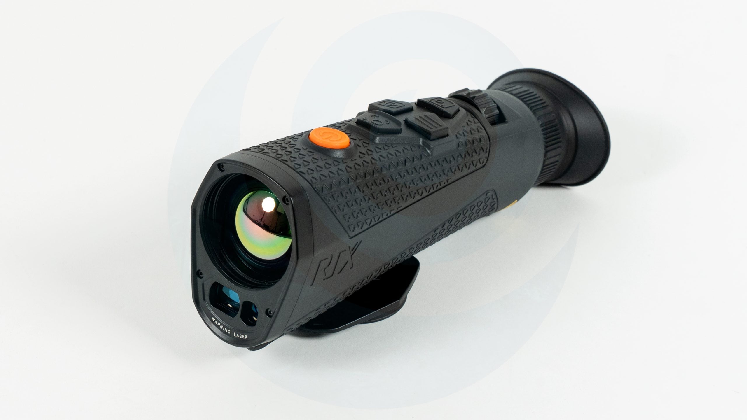 Night vision monocular with textured grip and control buttons on a white background.