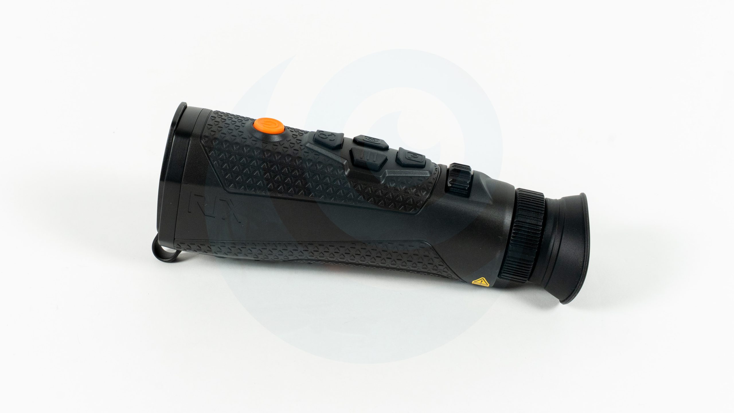 Black handheld night vision monocular with textured grip and orange power button on white background.