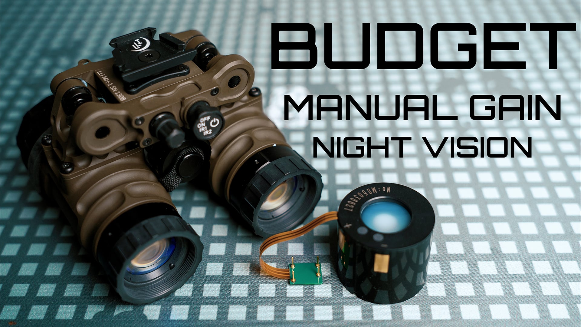 Night vision goggles and a night vision tube on a patterned surface with text 'Budget Manual Gain Night Vision'.