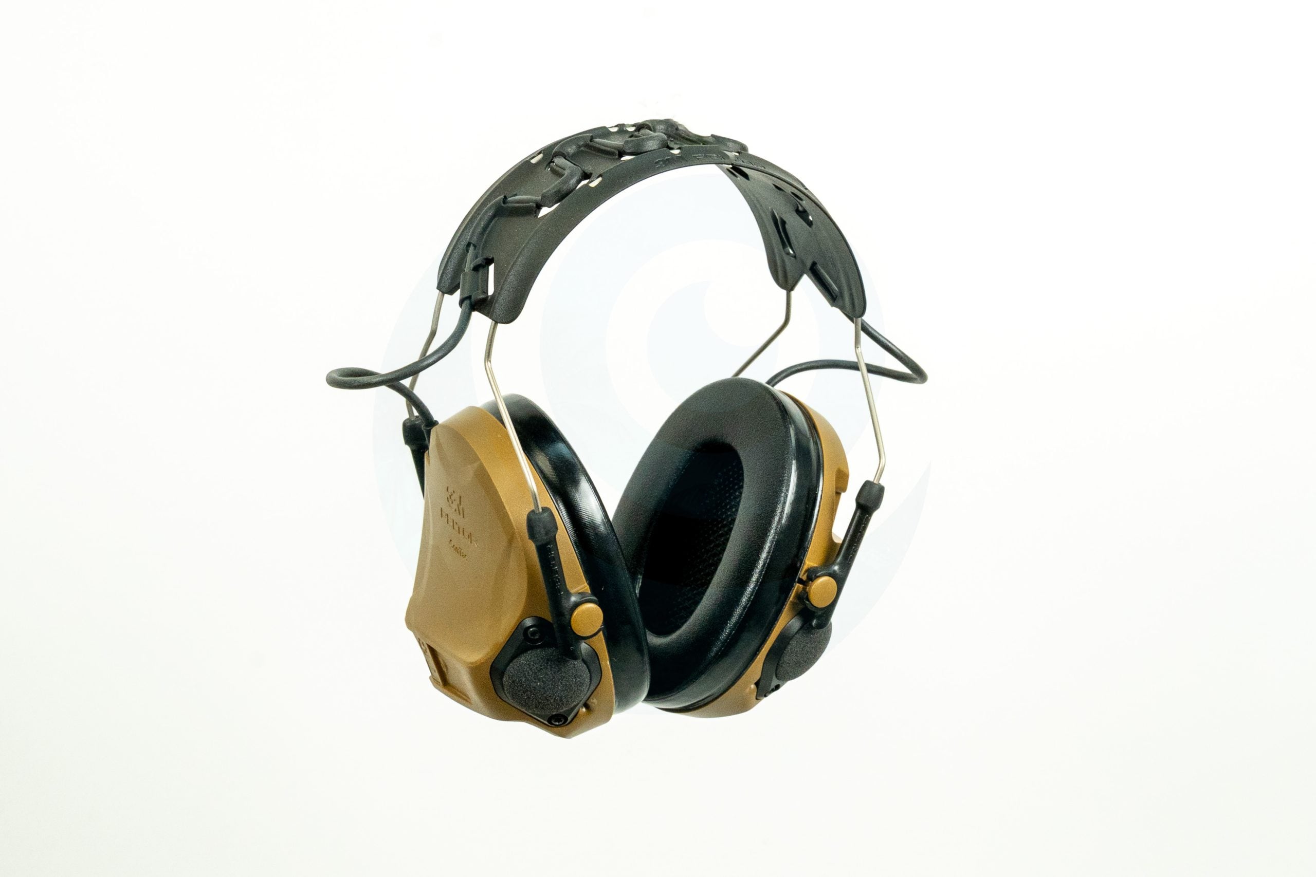 Tan and black tactical over-ear hearing protection headset on white background.