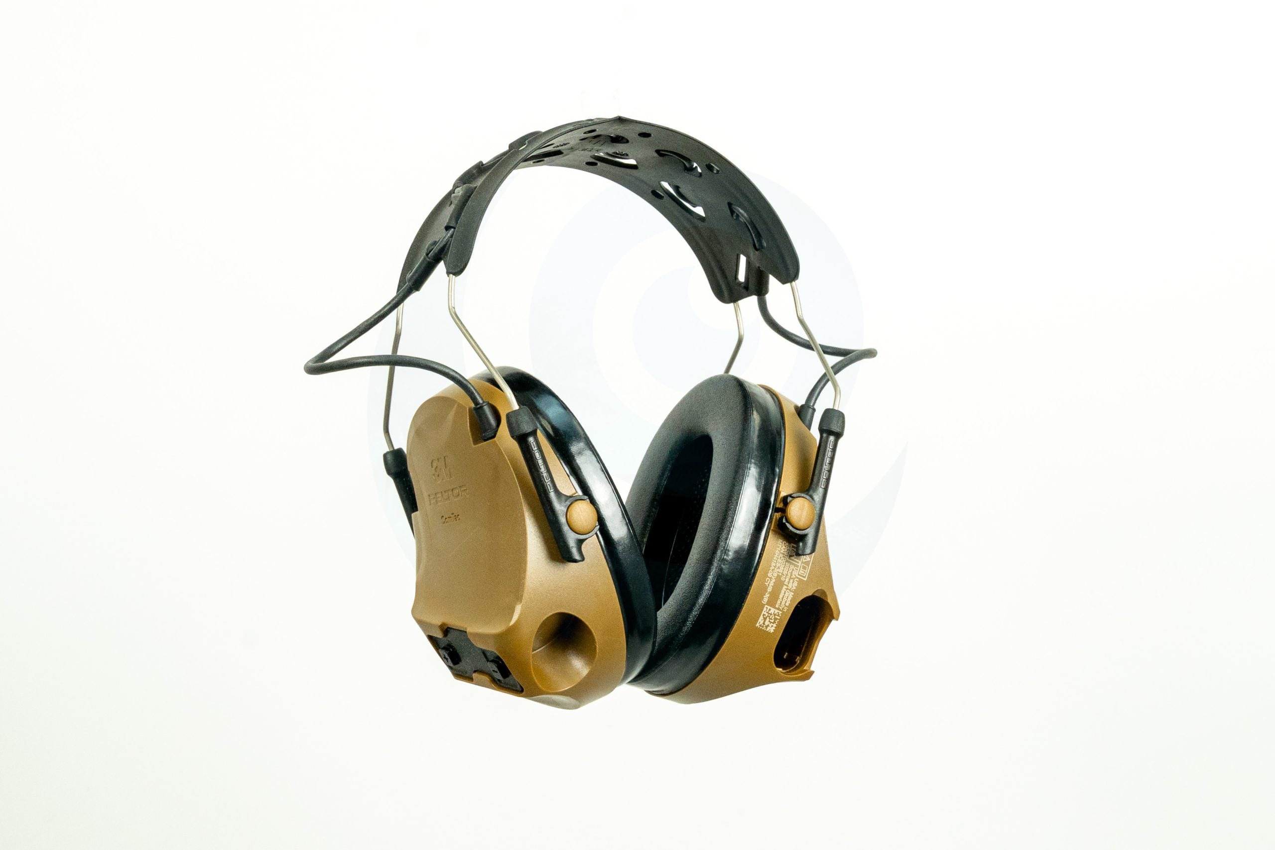 Brown and black hearing protection earmuffs with headband on white background.