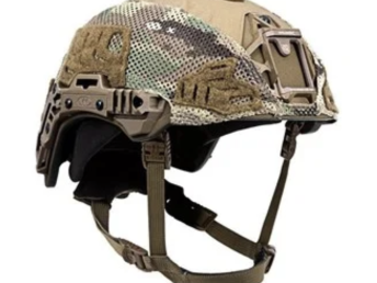 Tactical helmet with camouflage cover and straps shown from a side angle.