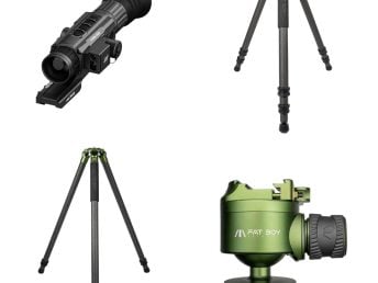 Four product images including a night vision scope two tripods and a green tripod head.