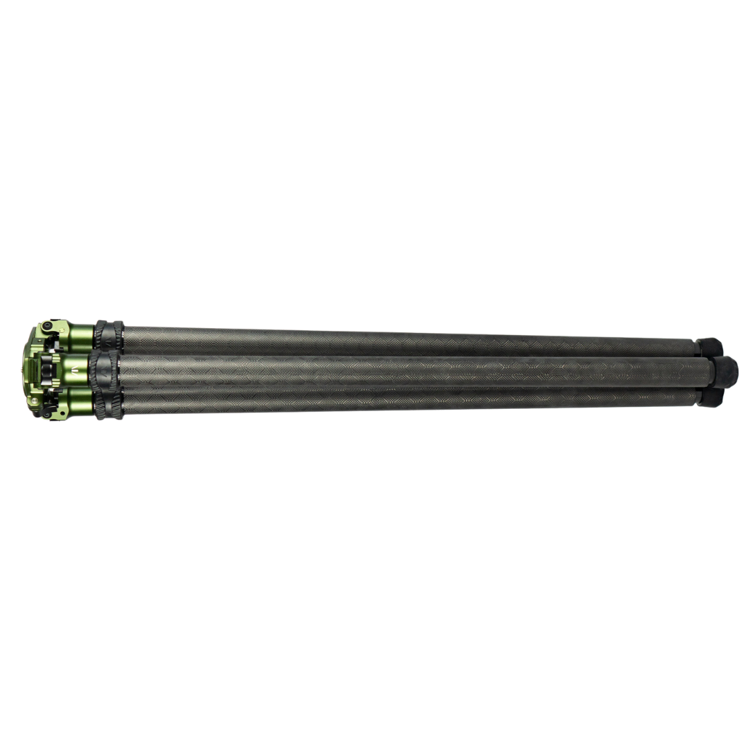 Folded three-section carbon fiber tripod with green metal joints