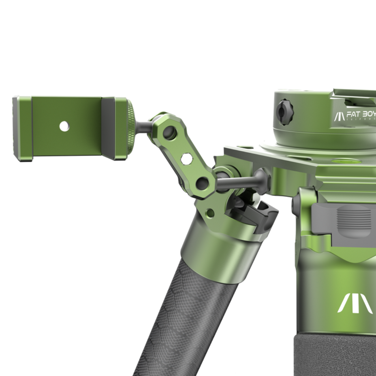 Close-up of a green metal tripod head with adjustable side mount attachment.