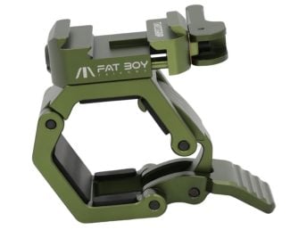Green aluminum Fat Boy tripod clamp accessory with visible logo on the side.