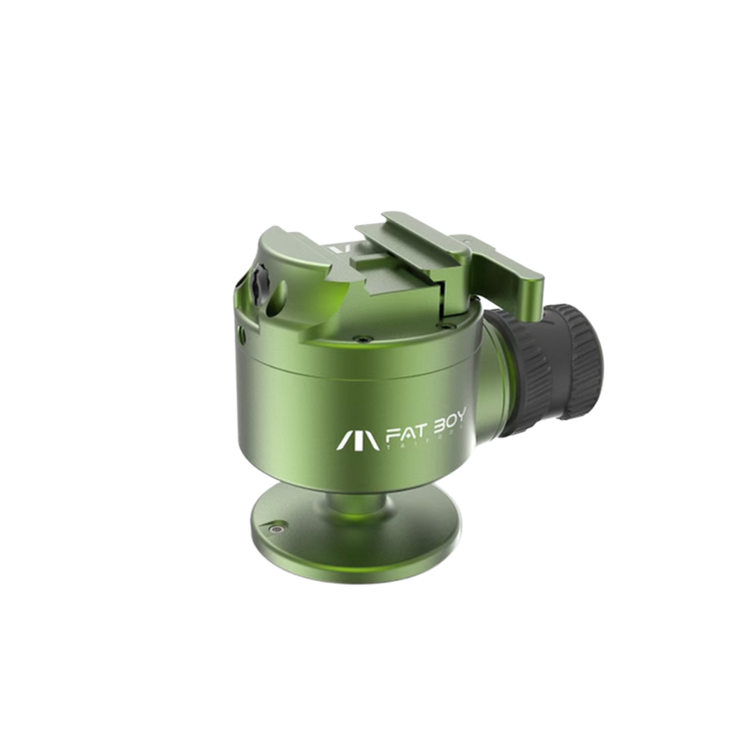 Green Fat Boy tripod mount adapter with adjustment knob on white background.
