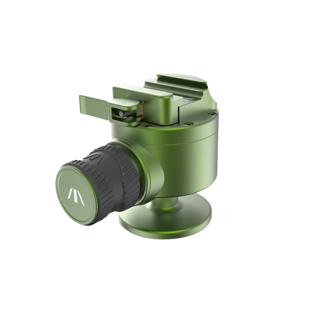 Green metal tripod head with adjustment knob and mounting slot side view.