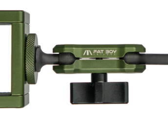 Side view of a green Fat Boy tripod clamp accessory for mounting equipment.