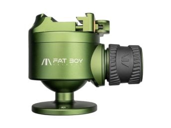 Green Fat Boy Tripods ball head mount with adjustment knob viewed from the side.