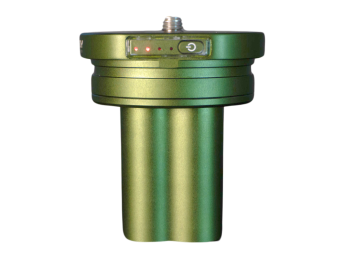 Green rechargeable tripod base with power button and LED indicators on top.